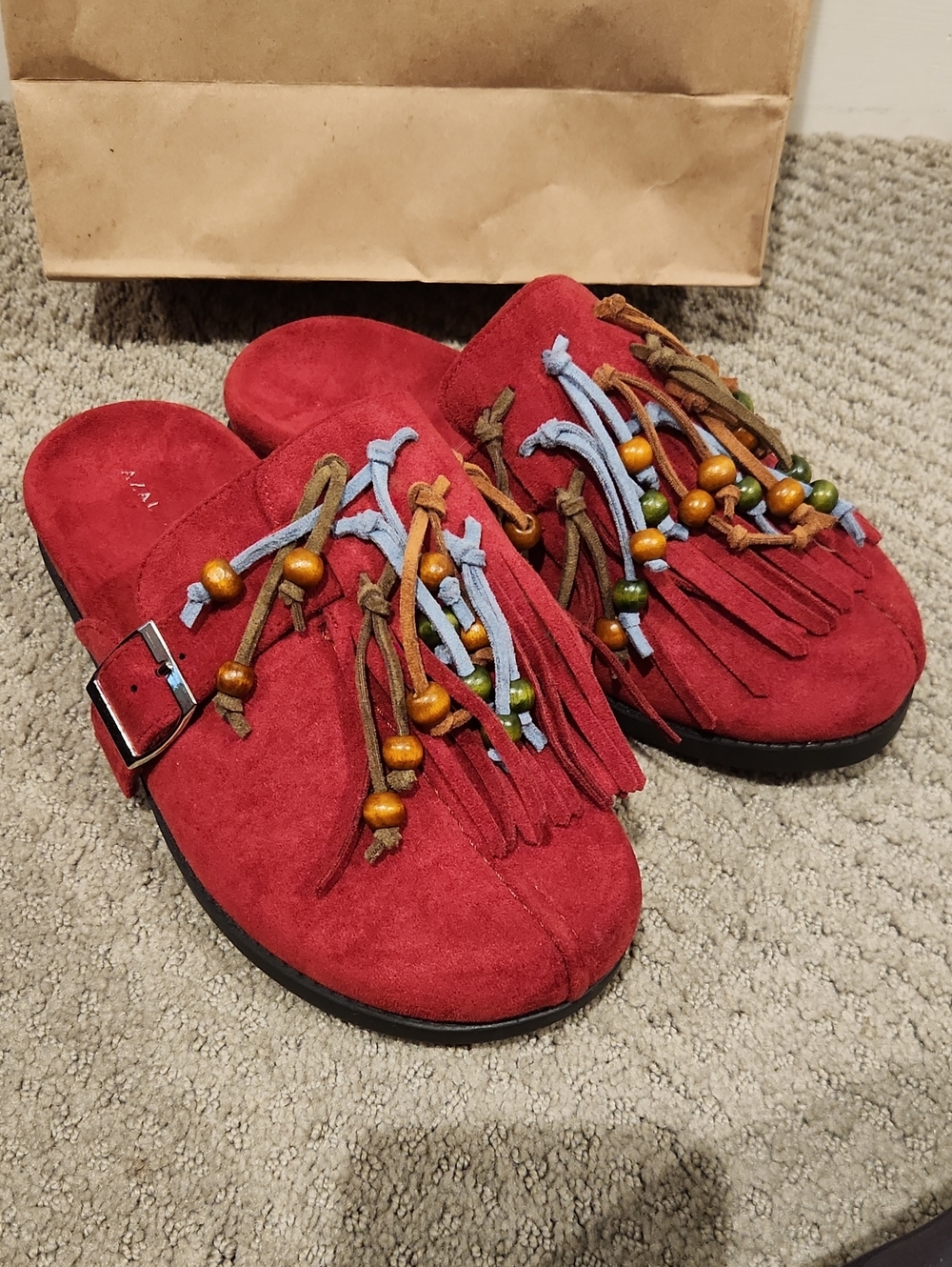 NEW ABEILLE-BURGUNDY TASSEL FLAT MULE sz 6